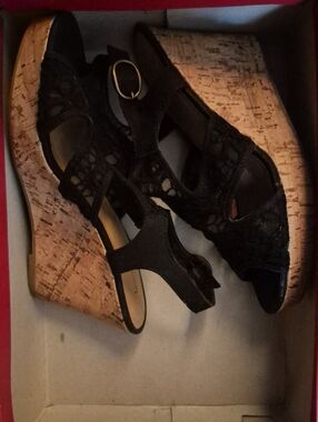 American Eagle Outfitters Black Lace Cork Wedge Sandals with Gold Buckle